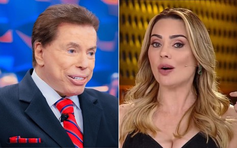Montagem com Silvio Santos no Programa Silvio Santos à esquerda e Rachel Sheherazade à direita em A Grande Conquista